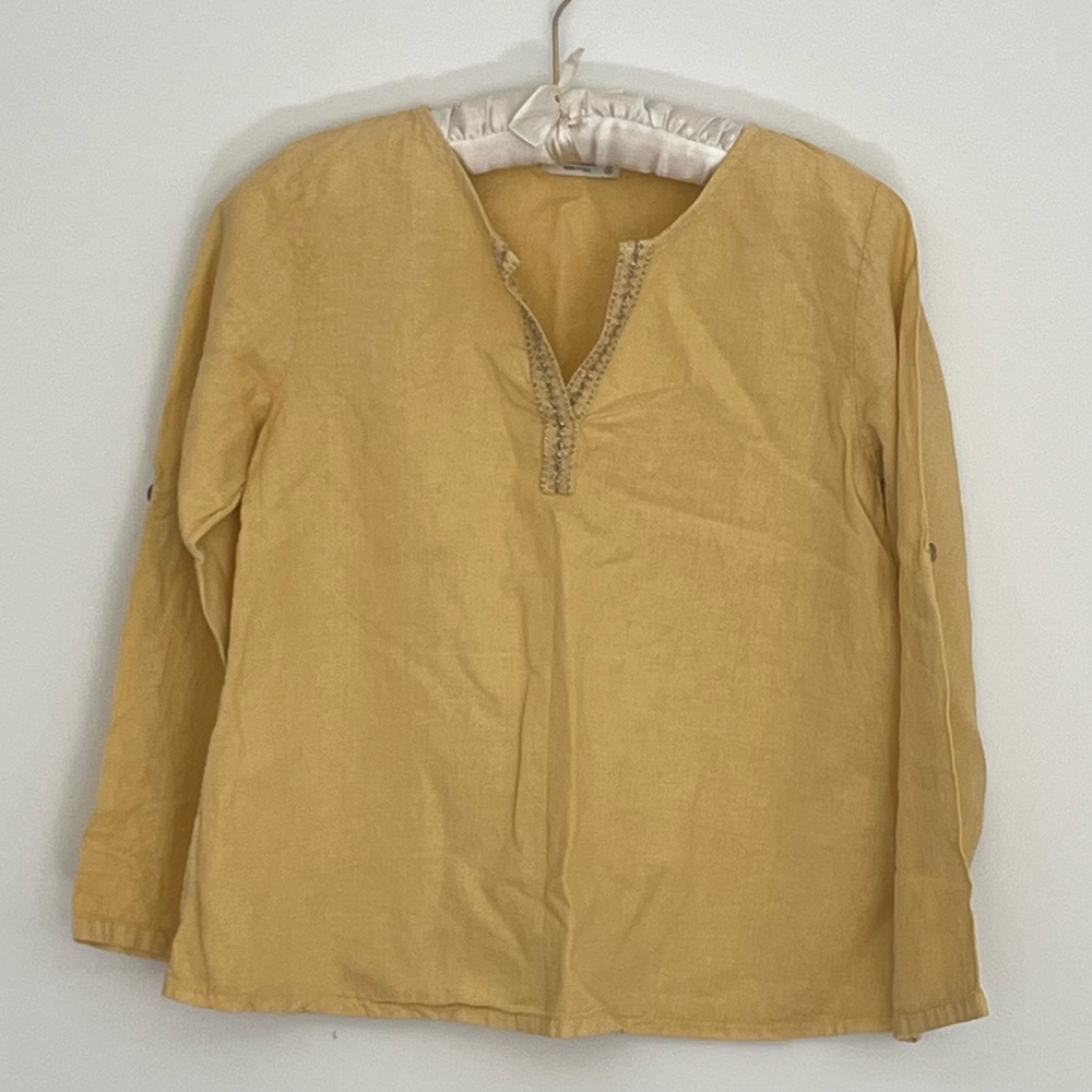 Terzo Millennio Linen Top Yellow High Low Roll Tab Sleeves Shirt Tunic Sz M - Picture 4 of 16
